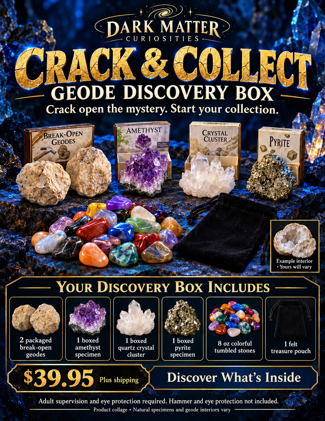 Crack & Collect Geode Box — illustrated box contents and price